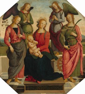 Madonna ja lapsi kahden enkelin kanssa, Saint Rose ja Pyhä Katariina Aleksandrialainen, 1500-luvun alku tekijältä School of Perugino