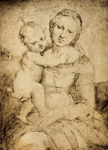 Madonna ja lapsi, piirustus Rafaelin koulusta, Piirustus- ja grafiikkakaappi, Uffizi-galleria, Firenze