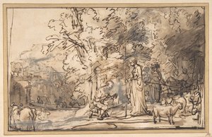 Jaakobin ja Raakelin tapaaminen kaivolla, 1640-49. tekijältä School of Rembrandt van Rijn