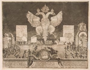 Ilotulitus Moskovassa 1. tammikuuta 1704 ruotsalaisen Nyenskansin linnoituksen valloituksen yhteydessä, 1705 tekijältä Schoonebeek