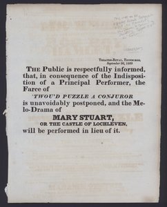 Ilmoitus laskutetun esityksen muutoksesta Theatre Royalissa, Edinburghissa, 30. syyskuuta 1829 (litho) tekijältä Scottish School