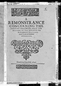 Skotlannin kuningaskunnan tilakokouksen tämänhetkisiä ongelmia koskeva huomautus, julkaistu 1640 (painettu paperi) tekijältä Scottish School