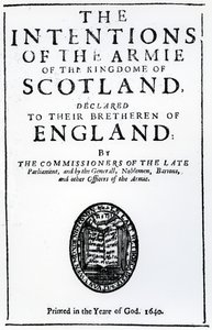 Nimisivu Alexander Hendersonin teokselle "The Intentions of the Armie of the Kingdom of Scotland", julkaistu 1640 (painettu paperi) tekijältä Scottish School