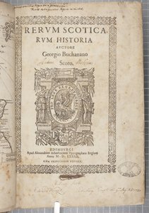 George Buchananin Historia Scoticarum -julkaisun otsikkosivu tekijältä Scottish School