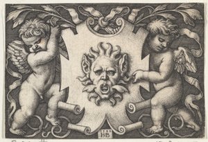 Maski escutcheonin tukena Two Genii, 1544. tekijältä Sebald Beham