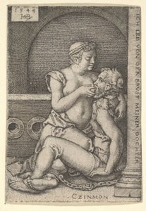 Cimon istuu oikealla olevaa pylvästä vasten ja imee Peroa, joka polvistuu hänen vieressään, 1544. tekijältä Sebald Beham