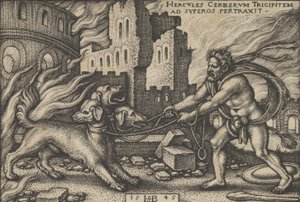 Hercules Capturing Cerberus, teoksesta The Labors of Hercules, 1545.