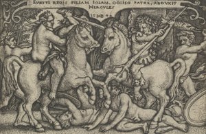 Hercules sieppaa Iolen, teoksesta The Labors of Hercules, 1544.