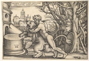 Herkules, profiilissa tappamassa Nemean leijonan käsivarsi sen kaulassa, teoksesta The labo..., 1548.