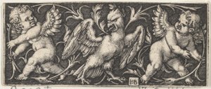 Vaakapaneeli, jossa kotka reunustaa Two Genii, 1544. tekijältä Sebald Beham