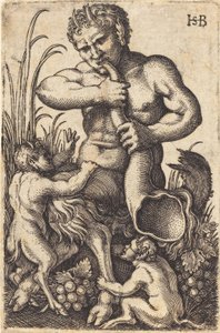 Satyr puhaltaa torvea tekijältä Sebald Beham