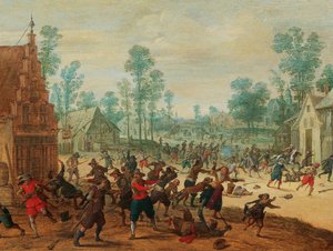 Taistelevat sotilaita kylässä, noin 1630.