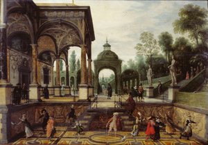 Italialainen puutarha gallerioilla ja hahmoilla, 1600-luvun ensimmäinen kolmannes..