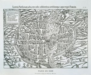 Pariisin kaupunkisuunnitelma n. 1530 (puukaiverrus) tekijältä Sebastian (after) Münster