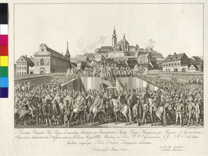 Keisari Franz II:n kruunajaiset Unkarin kuninkaalle Budapestissä 6. kesäkuuta 1792 (kuparikaiverrus). tekijältä Sebastian Mansfeld