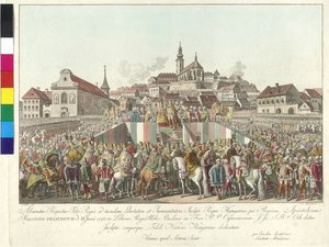 Keisari Franz II:n kruunajaiset Unkarin kuninkaalle Budapestissä 6. kesäkuuta 1792 (kuparikaiverrus). tekijältä Sebastian Mansfeld