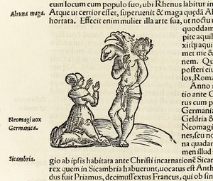Noita kutsuu kolmipäisen demonin, vuodelta 1550 Sebastian Munsterin Cosmographia (puupiirros)