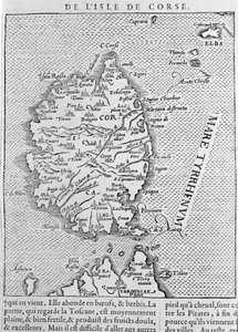 Korsika Sebastian Munsterin "Cosmographia Universaliksen" jälkeen. Basel 1558 tekijältä Sebastian Munster