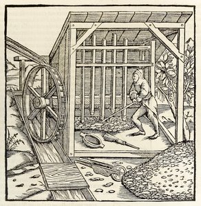 Kaivostyötä vesipyörällä, vuodelta 1550 Sebastian Munsterin Cosmographia (puupiirros)