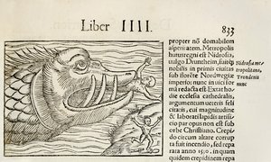 Hirviömäinen valas, joka syö ihmisiä, vuodelta 1550, Sebastian Munsterin Cosmographia (puupiirros) tekijältä Sebastian Munster