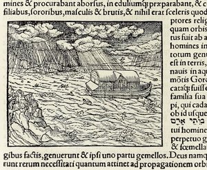 Nooan arkki ja vedenpaisumus, vuodelta 1550 Cosmographia; Kirjailija: Sebastian Munster (puupiirros) tekijältä Sebastian Munster