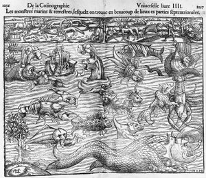 Meri- ja maanpäälliset hirviöt, kuvitus Cosmographia Universalisista, kirjoittanut Sebastian Munster (1489-1552)