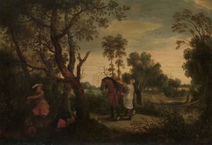 Nainen nousee ryöstäjän hevosen selkään: "De Gestrafte Rover", noin 1635 (öljy paneelille). tekijältä Sebastian Vrancx
