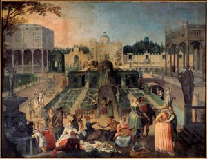 Juhlat Mantovan herttuan puistossa Picnic, musiikki, uljaat kohtaukset Gonzagan herttuan palatsin (Gonzaga) puutarhassa. Sebastien Vrancxin (1573-1647) maalaus 1600-luvun su. 1,42 x 1,88 m Rouen musee des Beaux Arts