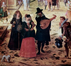 Maisema Villa Mediciksen kanssa Roomassa, Italiassa (Maisema Villa Mediciksen kanssa, Rooma, Italia) Yksityiskohta Tyylikkäät kävelijät ja muusikot puistossa - Sebastian Vrancxin (1573-1647) maalaus 1600-luvun Napoli Museo Nazionale di Capodimonte tekijältä Sebastian Vrancx