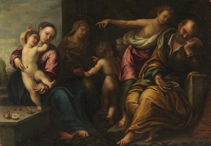 Neitsyt ja lapsi vauvan kanssa Pyhän Johanneksen, Pyhän Elisabetin ja Joosefin ilmestyksen kanssa, n. 1540 tekijältä Sebastiano Florigerio