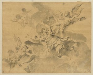 Kuningatar, jonka kostavat enkelit lähettivät helvettiin, n. 1676-1746 (kynä, muste ja pesu paperille) tekijältä Sebastiano Galeotti