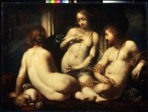Kolme armoa. (Kolme armoa). Sebastiano Mazzonin (1611-1678) maalaus, noin 1650. Firenzen barokkityylistä taidetta. Öljy kankaalle. Pushkinin taidemuseo, Moskova