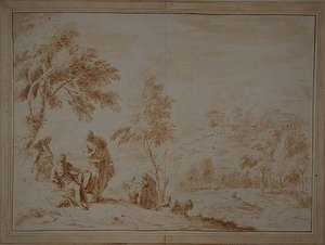 Laaja pastoraalinen maisema Hill-townilla, n. 1720 (ruskea muste ja pesu) tekijältä Sebastiano Ricci
