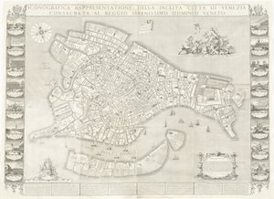 Ikonongrafinen esitys maineikkaasta Venetsian kaupungista tekijältä Sebastiano Ricci, Lodovico Ughi, Giovanni Antonio Faldoni for the map, with Francesco Zucchi
