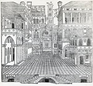 Taikakohtaus, teatterikohtaussuunnittelu Sebastiano Serlion (1475-1554), kuvitus Arkkitehtuuria käsittelevästä traktaatista, Kirja II