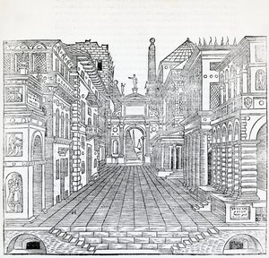 Taikakohtaus, teatterikohtaussuunnittelu Sebastiano Serlion (1475-1554), kuvitus Arkkitehtuuria käsittelevästä traktaatista, kirja II