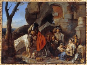 Sotilaiden pysähdys, aiemmin nimeltään Halte de bohemiens Sebastien Bourdonin (1616-1671) maalaus 1600-luvun aurinko. 0,43x0,58 m tekijältä Sébastien Bourdon