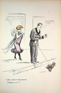 Pariskunta odottaa koiran lopettamista, n. 1921 (väri litho) tekijältä Sem
