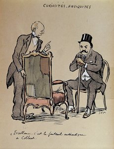 Rikas taidekeräilijä tarkastaa tuolia, jonka väitetään olleen Colbertin omistuksessa. n.1919 (värilitro) tekijältä Sem