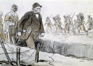 Ensimmäinen maailmansota: Clemenceaun (1841-1929) muotokuva kotelossa vierailemassa edessä. Georges Goursat dit Semin piirustus (1863-1934) tekijältä Sem