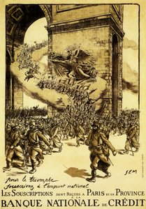 Poliittinen juliste. Ranska. 1917. Riemuvoiton nimissä, pitäkää kiinni kansallisesta lainasta. tekijältä Sem (1863 1934)