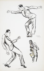 Kaksi mustaan solmioon pukeutunutta herrasmiestä esittää La Danse Havasin saksofonille, White Bottoms, pub. 1927 (värikuvio), White Bottoms, pub. 1927 (värikuvio) tekijältä Sem