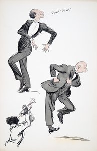 Kaksi pukumiestä tanssii muusikon soittaessa trumpettia, White Bottoms, pubi. 1927 (värikuvio) tekijältä Sem