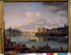 Näkymä Kamennoostrovskyn palatsille Strogonovin rantakadulta, Pietari. Semjon Fjodorovitš Shchedrin (Semion Shchedrin) (1745-1804) maalaus öljy kankaalle