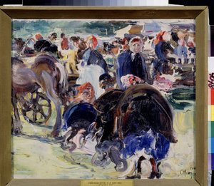 Messut (A Fair). Maakunnan markkinapaikka talonpoikaisten ja kauppiaiden kanssa. Semjon Gavrilovich Nikiforovin (1877-1912) maalaus öljy kankaalle tekijältä Semen Gavriilovich Nikiforov