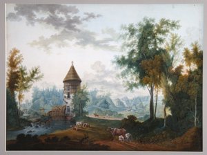 Mylly ja pilaritorni Pavlovskin puistossa, ennen 1797 tekijältä Semyon Fyodorovich Shchedrin