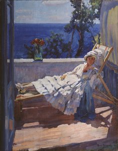 Nainen parvekkeella, 1916 tekijältä Sergei Arsenevich Vinogradov