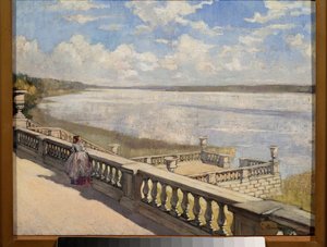 Aurinkoinen päivä, nainen kaiteessa - Sergei Arsenjevitš Vinogradovin (1869-1938) maalaus öljy kankaalle tekijältä Sergei Arsenevich Vinogradov