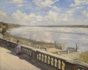 Aurinkoinen päivä. Nainen kaiteen ääressä, 1908 tekijältä Sergei Arsenevich Vinogradov