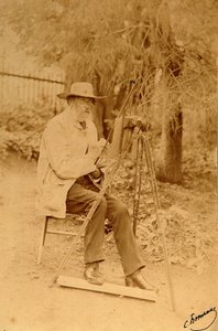 Runoilija Jakov Petrovitš Polonskin (Iakov Petrovitš Polonski) (1819-1898) muotokuva maalaustelineessä. Albumin Kuva: Sergei Dmitrievich Botkin (1869-1945) tekijältä Sergei Dmitrievich Botkin